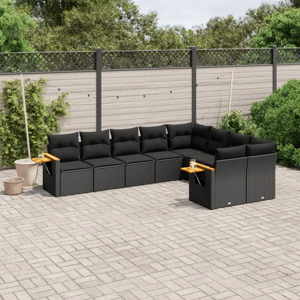 Salon de jardin 9 pcs avec coussins noir résine tressée