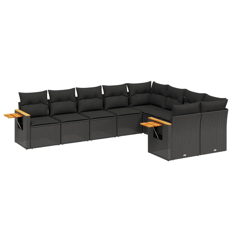 Salon de jardin 9 pcs avec coussins noir résine tressée - 2