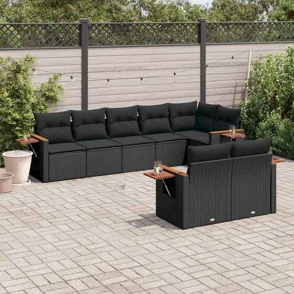Salon de jardin 8 pcs avec coussins noir résine tressée