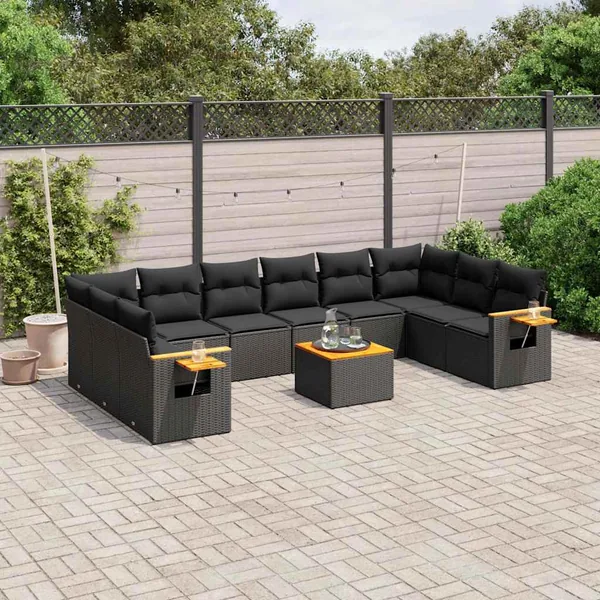 Salon de jardin 11 pcs avec coussins noir résine tressée