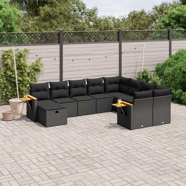 Salon de jardin 10 pcs avec coussins noir résine tressée