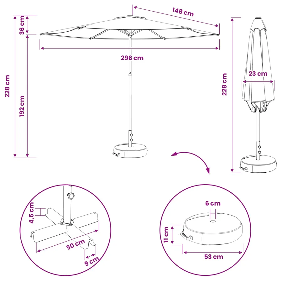 Parasol de jardin avec base 300 x 300 cm Polyester - 8