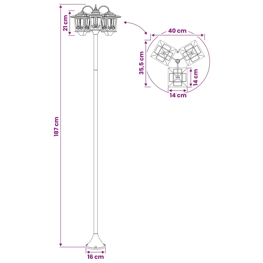 Lampadaire à 3 têtes Noir 16 x 16 x 187 cm Aluminium et ABS - 9