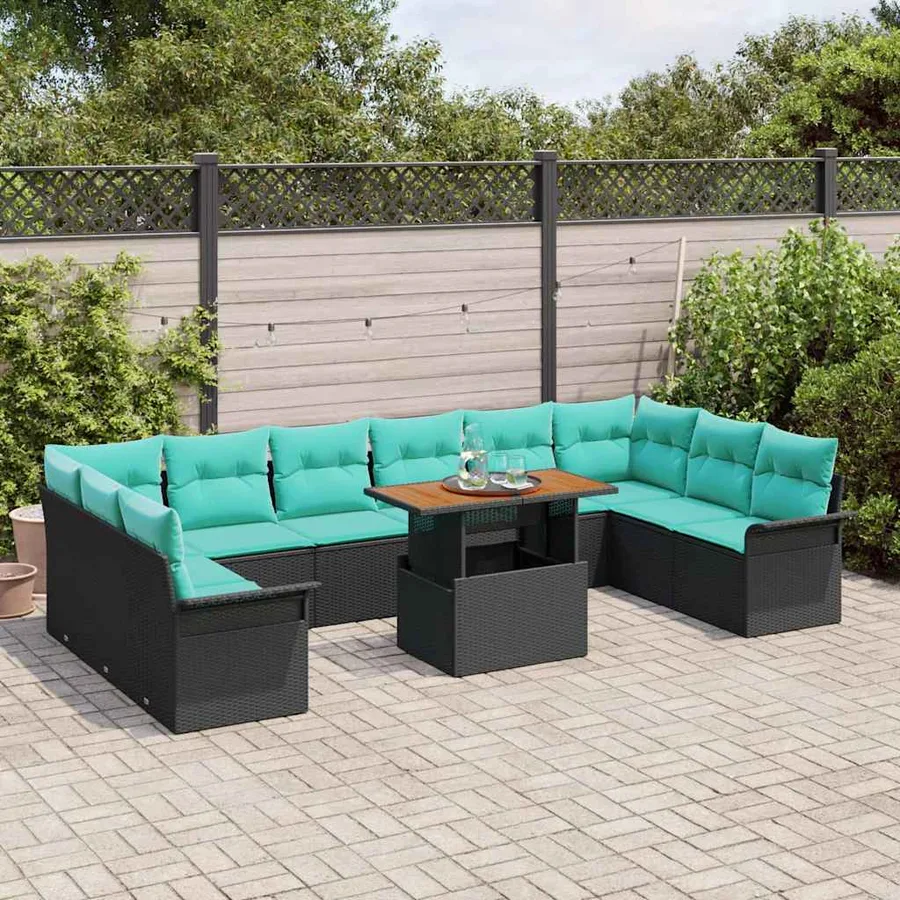 Ensemble de canapé de jardin 11 pcs Noir et Bleu polyrotin - 3