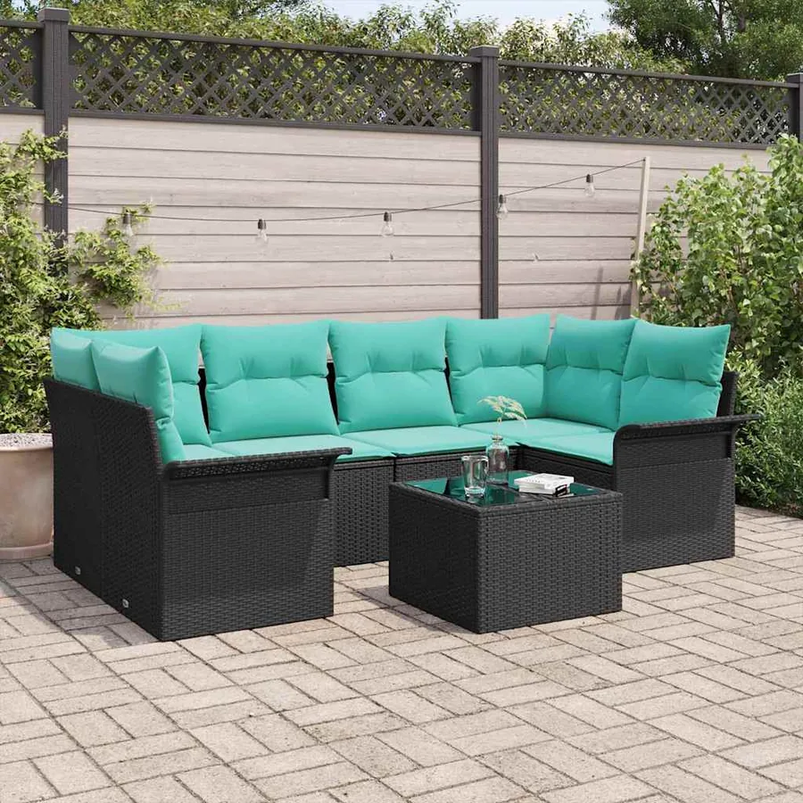 Ensemble de canapé de jardin 7 pcs Noir et turquoise polyrotin