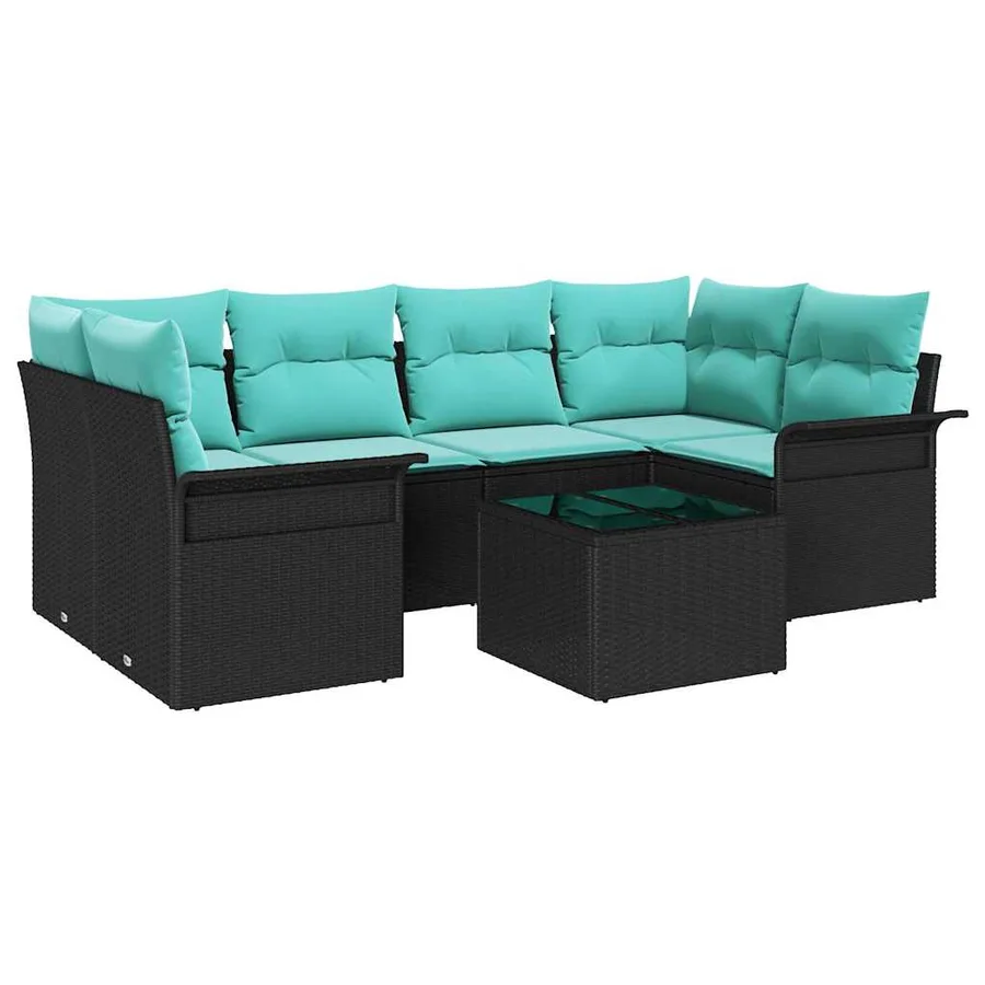 Ensemble de canapé de jardin 7 pcs Noir et turquoise polyrotin - 2