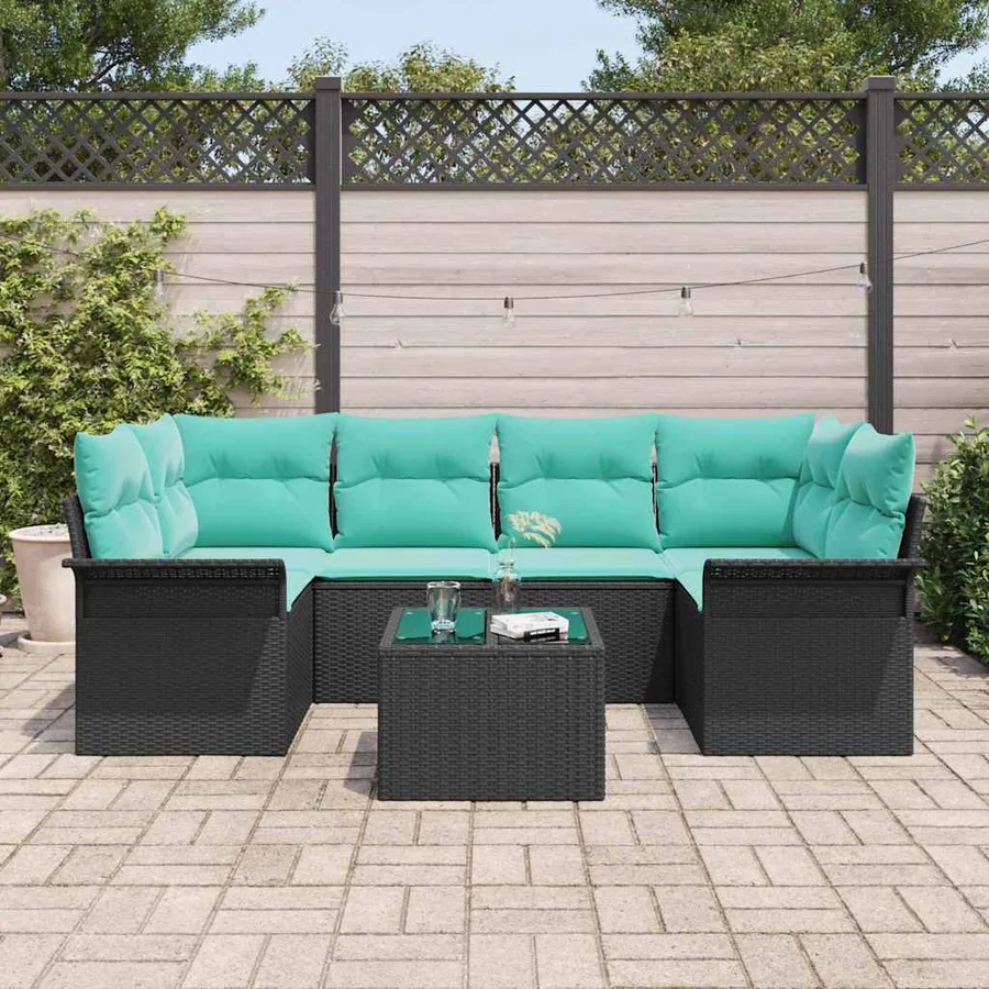 Ensemble de canapé de jardin 7 pcs Noir et turquoise polyrotin - 3