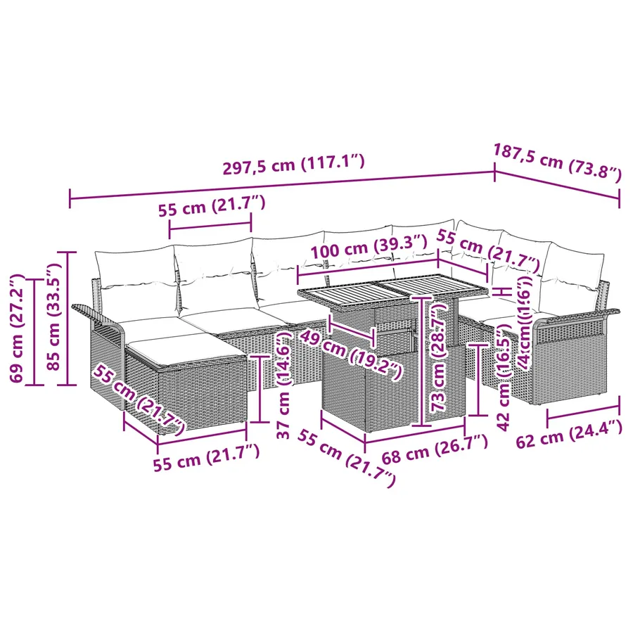 Ensemble de canapé de jardin avec coussin 9 pcs Noir et bleu - 12