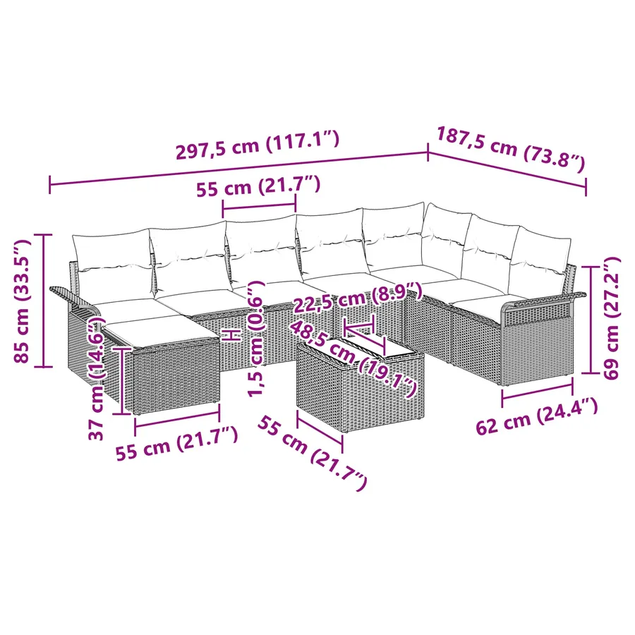 Ensemble de canapé de jardin avec coussin 9 pcs Noir Poly rotin - 19