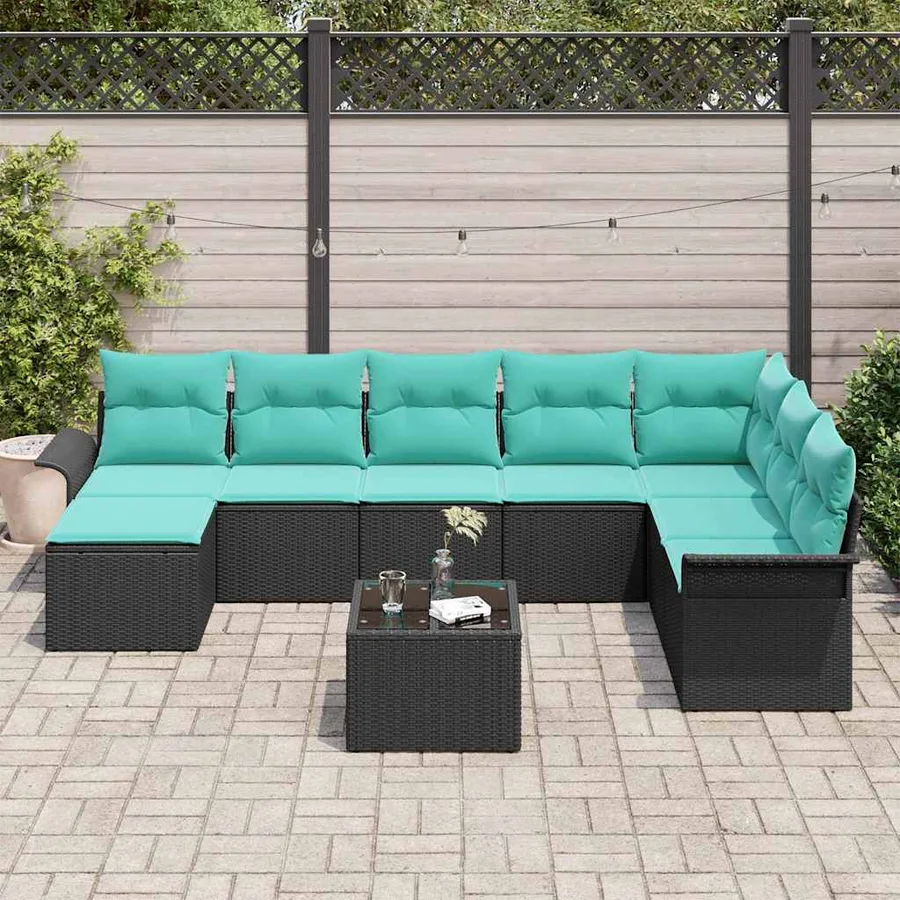 Ensemble de canapé de jardin avec coussin 9 pcs Noir Poly rotin - 3