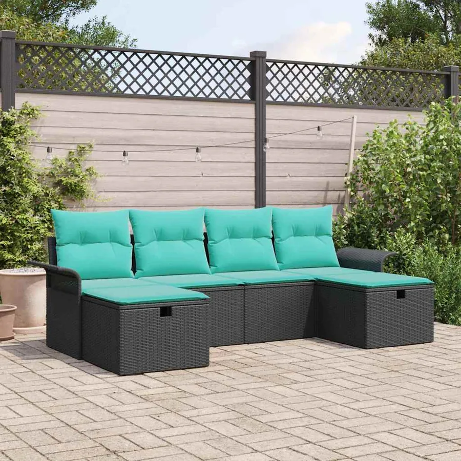 Ensemble de canapé de jardin 6 pcs Noir et turquoise polyrotin
