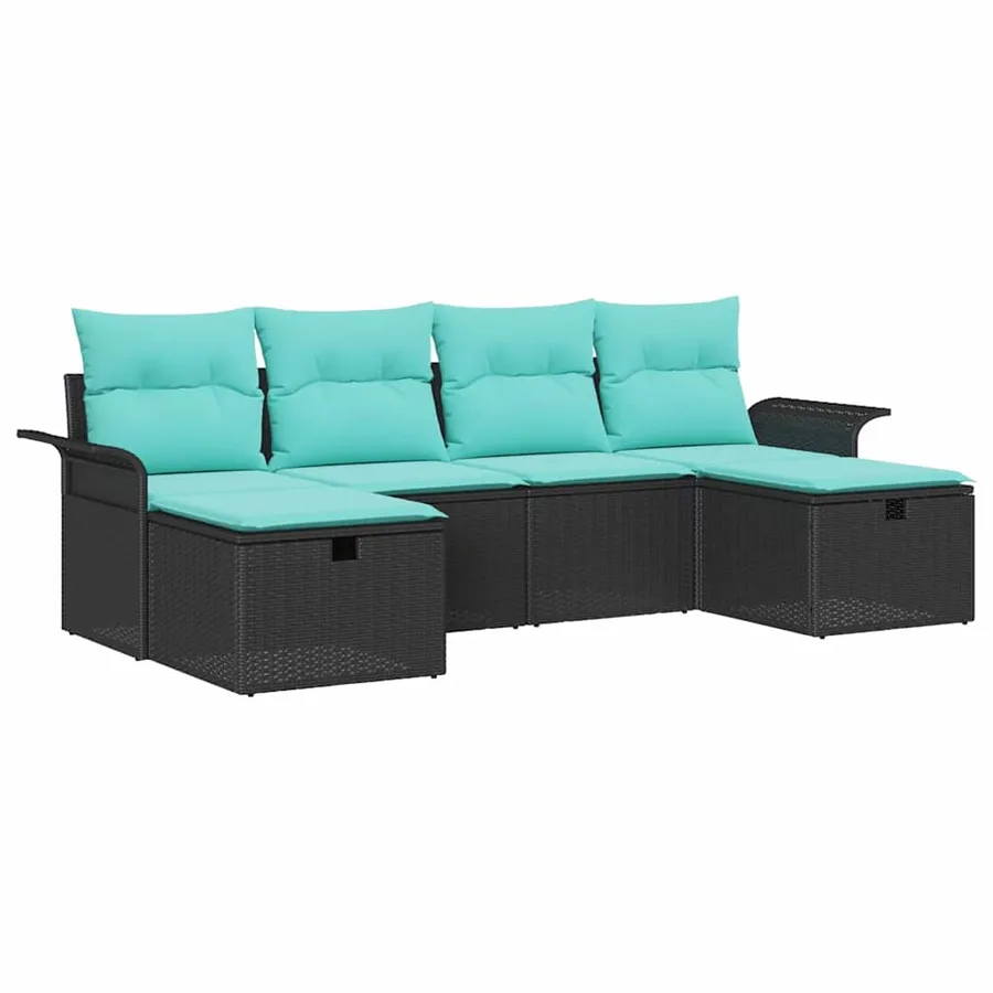 Ensemble de canapé de jardin 6 pcs Noir et turquoise polyrotin - 2