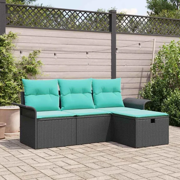 Ensemble de canapé de jardin 4 pcs Noir et turquoise polyrotin