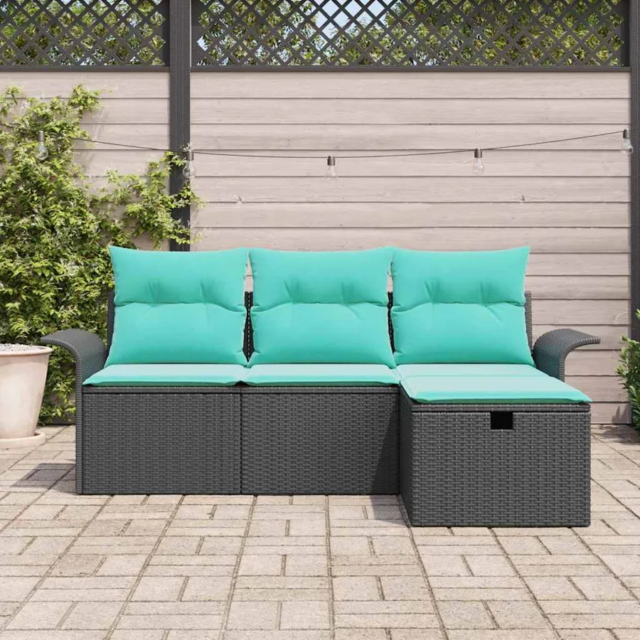 Ensemble de canapé de jardin 4 pcs Noir et turquoise polyrotin - 3