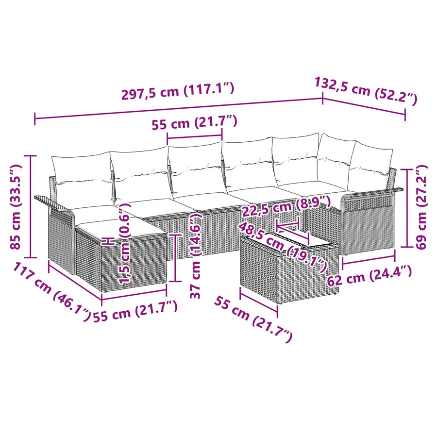 Ensemble de canapé de jardin avec coussin 8 pcs Noir Poly rotin - 15
