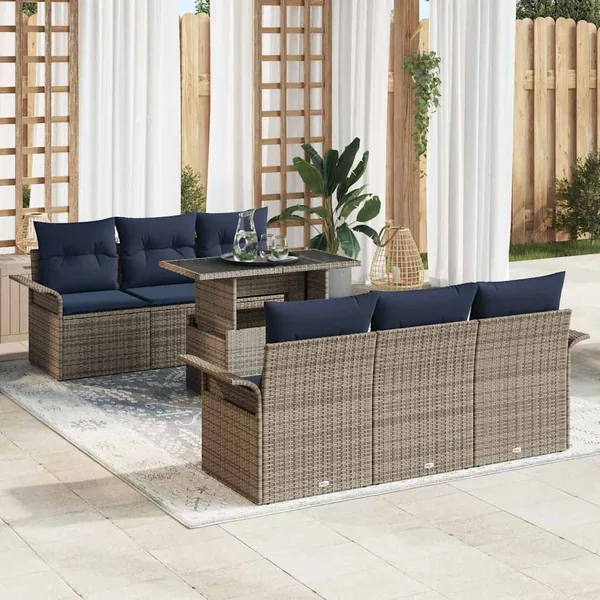 Ensemble de canapé de jardin 7 pcs Gris Poly Rattan