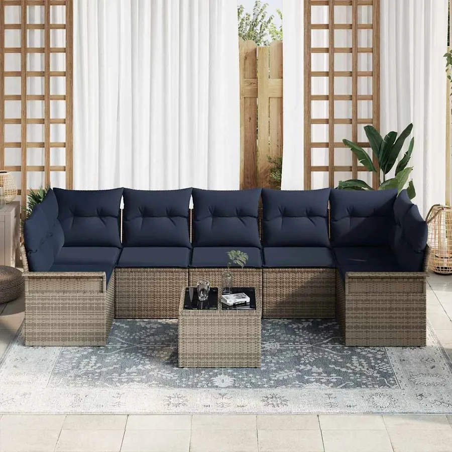 Ensemble de canapé de jardin 8 pcs Gris et marine polyrotin - 3