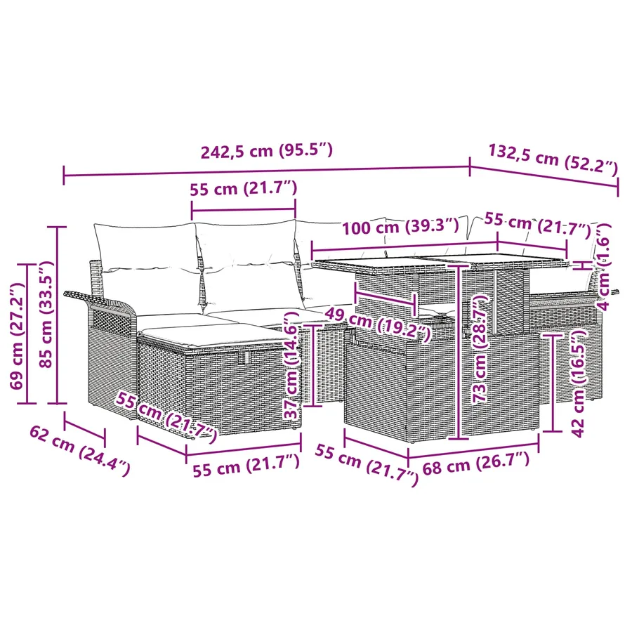 Ensemble de canapé de jardin avec coussin 7 pcs Gris Poly rotin - 17