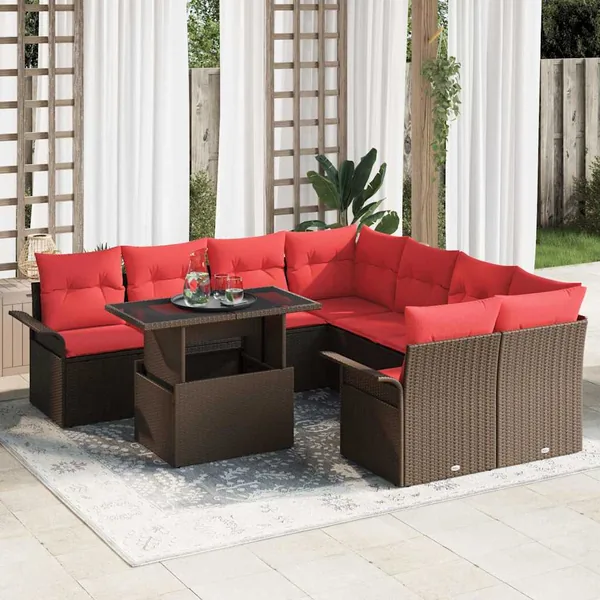 Ensemble de canapé de jardin 9 pcs Marron Poly Rattan