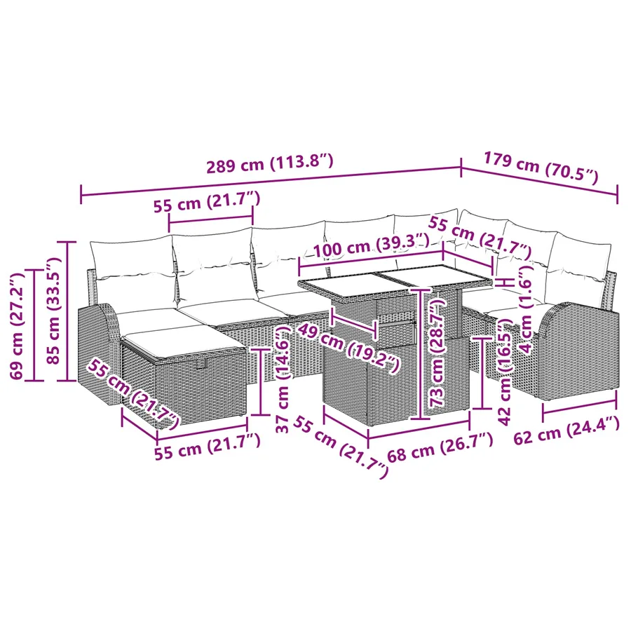 Ensemble de canapé de jardin 9 pcs Marron Poly rotin - 12