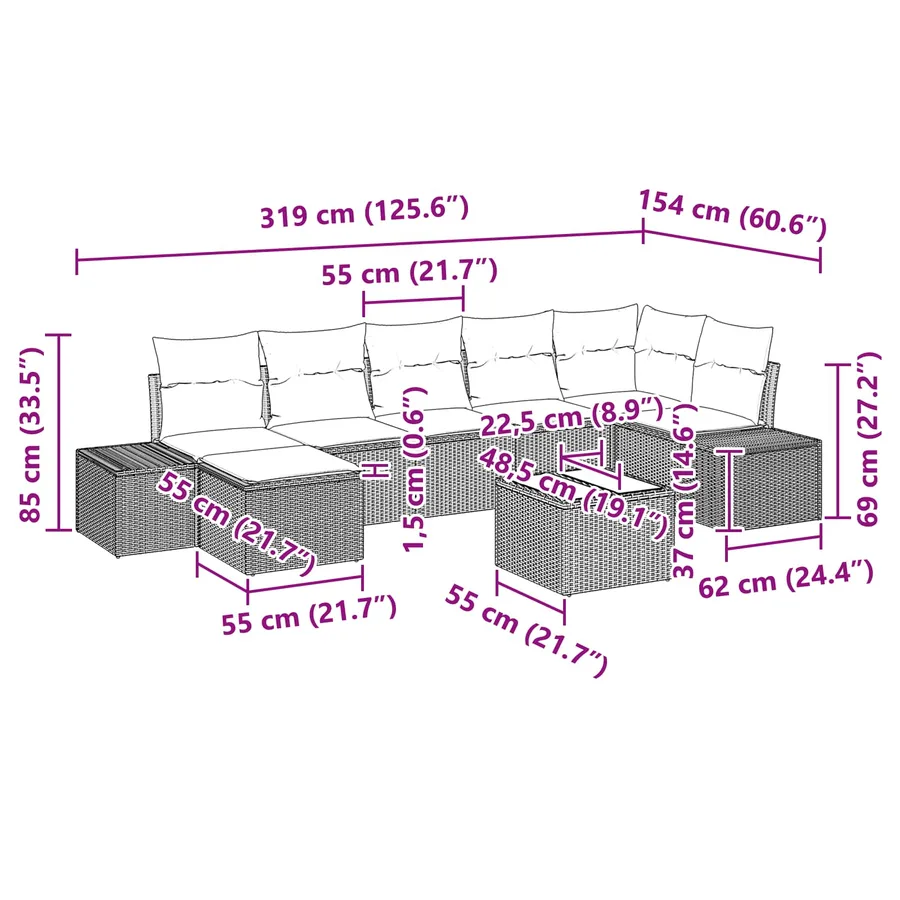 Ensemble de canapé de jardin 8 pcs Marron polyrotin - 10