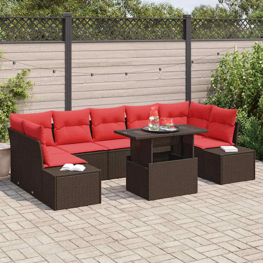Ensemble de canapé de jardin 8 pcs Marron et rouge polyrotin