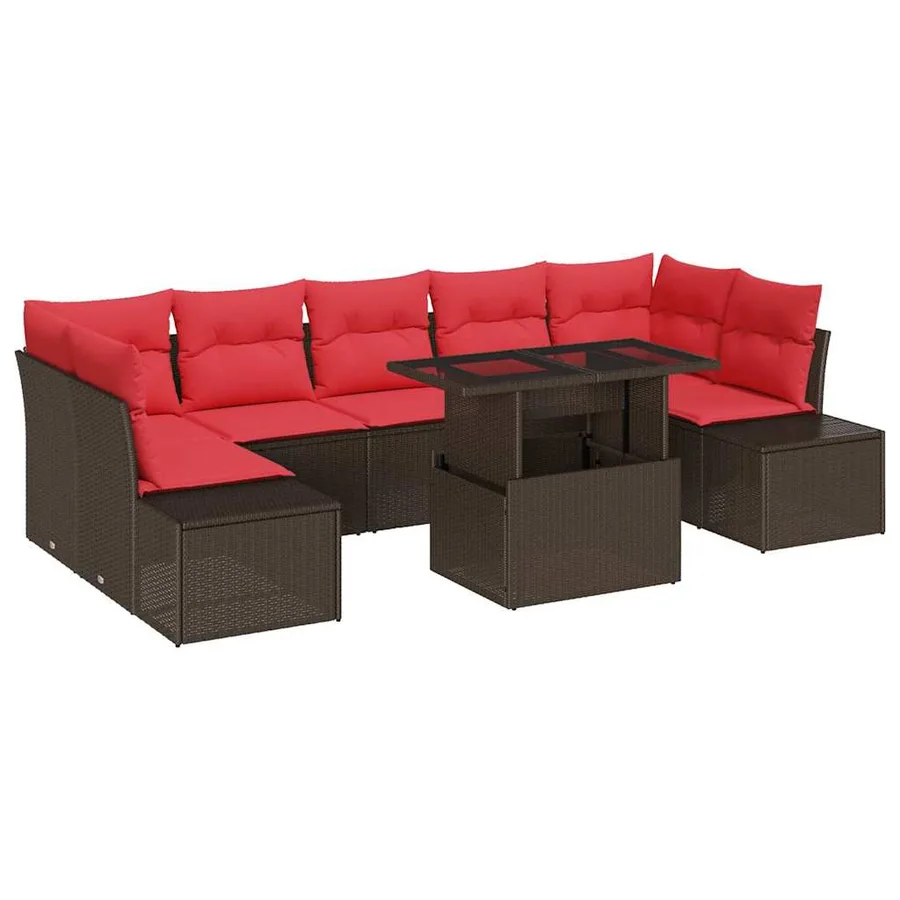 Ensemble de canapé de jardin 8 pcs Marron et rouge polyrotin - 2