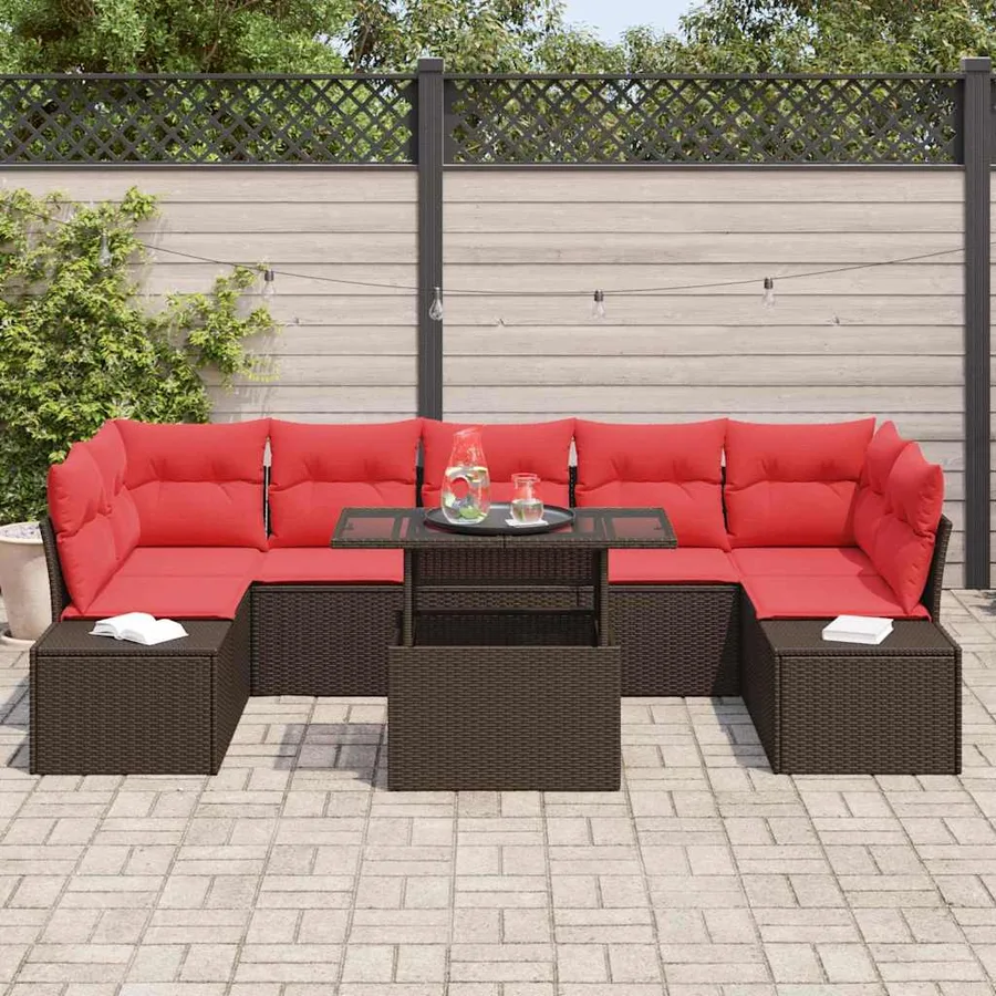 Ensemble de canapé de jardin 8 pcs Marron et rouge polyrotin - 3