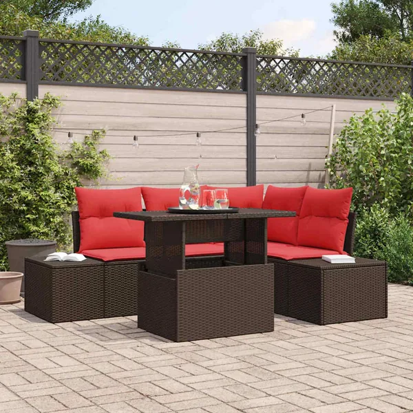 Ensemble de canapé de jardin 6 pcs Marron et rouge polyrotin