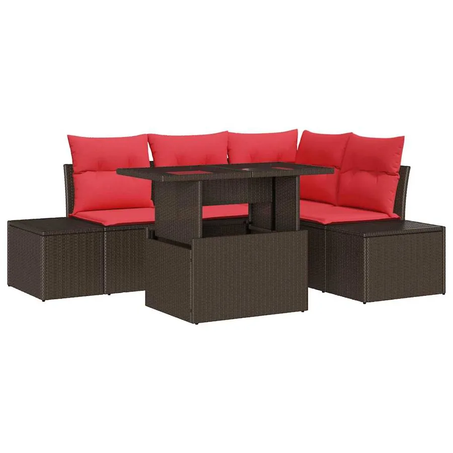 Ensemble de canapé de jardin 6 pcs Marron et rouge polyrotin - 2