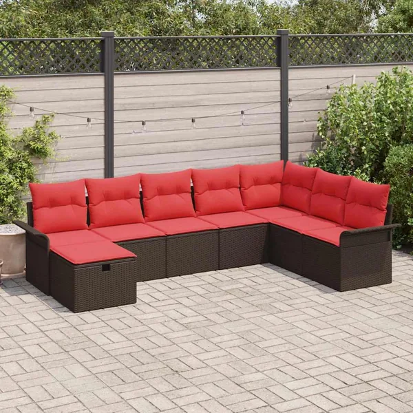 Ensemble de canapé de jardin 8 pcs Marron et rouge polyrotin