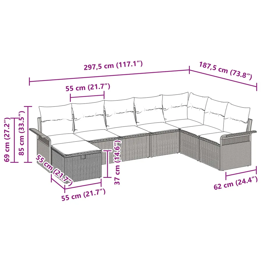 Ensemble de canapé de jardin 8 pcs Marron et rouge polyrotin - 10
