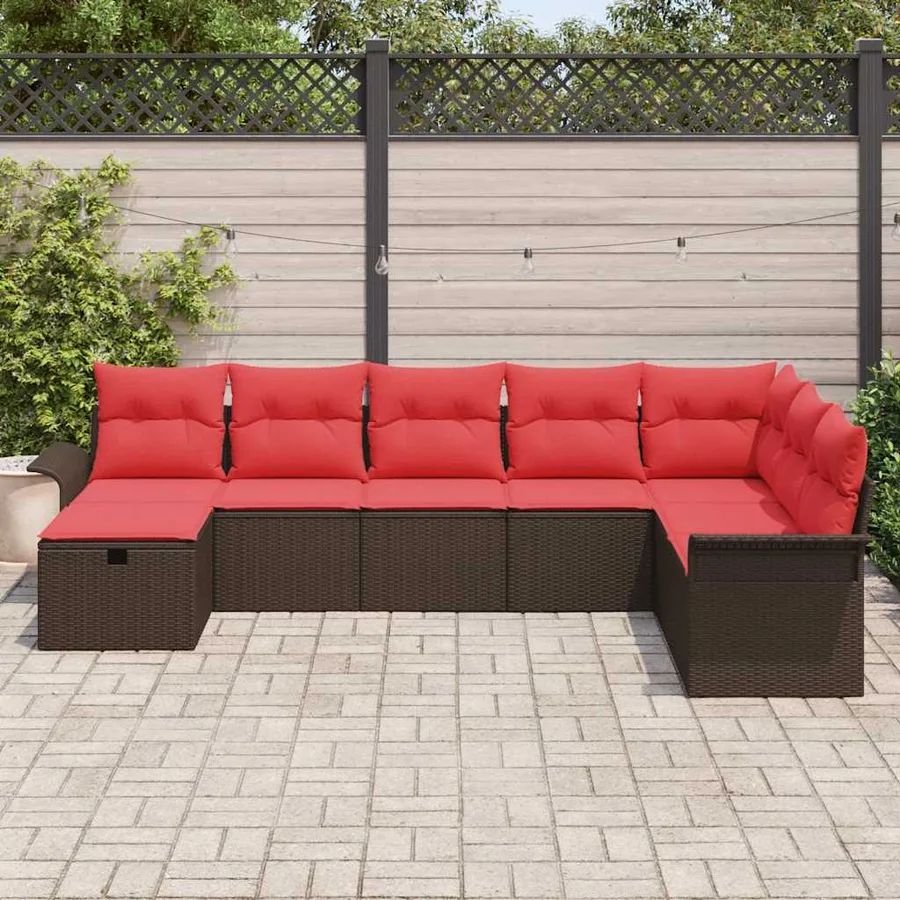 Ensemble de canapé de jardin 8 pcs Marron et rouge polyrotin - 3