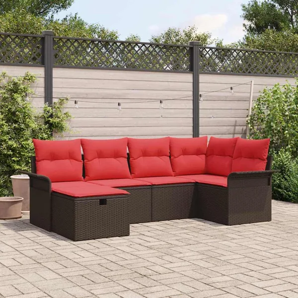 Ensemble de canapé de jardin 6 pcs Marron et rouge polyrotin