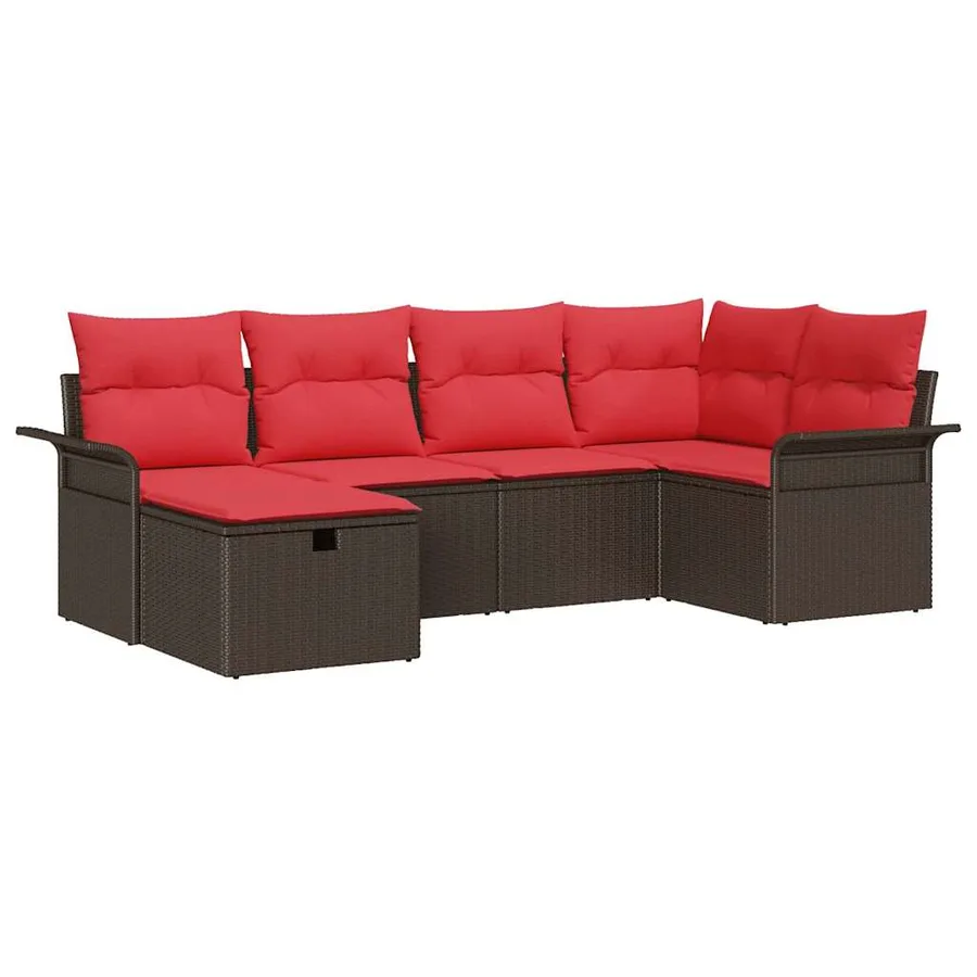 Ensemble de canapé de jardin 6 pcs Marron et rouge polyrotin - 2