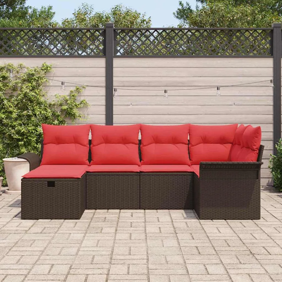 Ensemble de canapé de jardin 6 pcs Marron et rouge polyrotin - 3