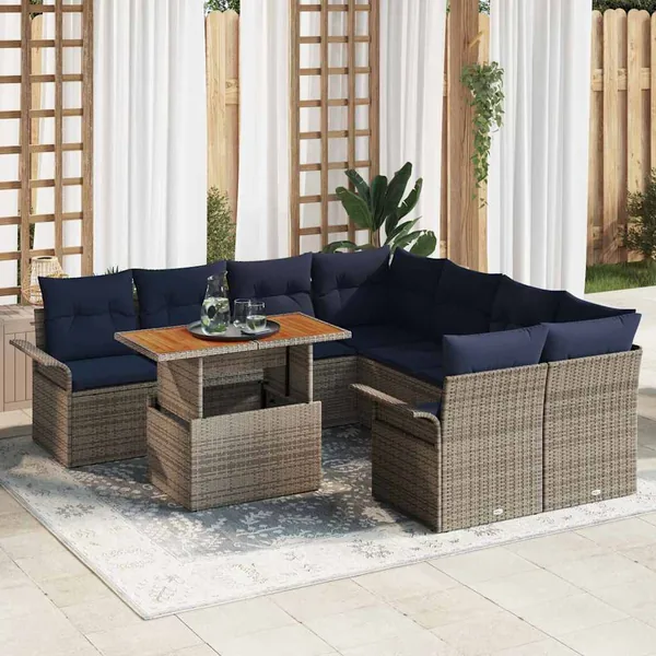 Ensemble de canapé de jardin 9 pcs Gris et bleu marine