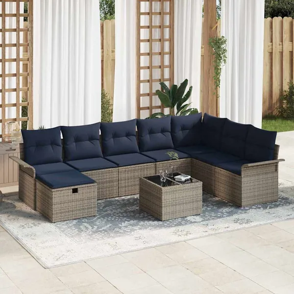 Ensemble de canapé de jardin 9 pcs Gris et marine polyrotin