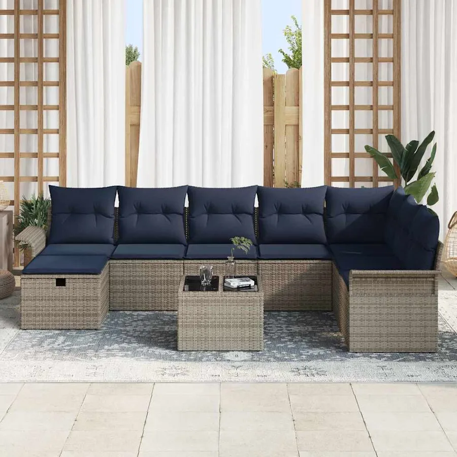 Ensemble de canapé de jardin 9 pcs Gris et marine polyrotin - 3