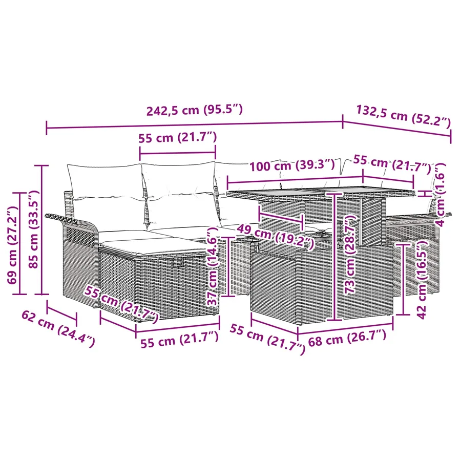 Ensemble de canapé de jardin avec coussin 7 pcs Gris polyrotin - 13