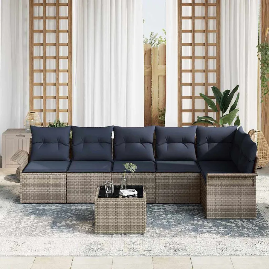 Ensemble de canapé de jardin avec coussin 7 pcs Gris polyrotin - 3