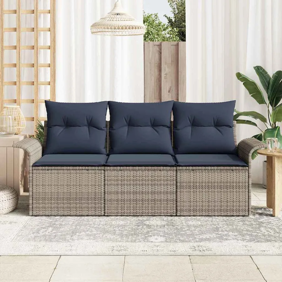 Ensemble de Canapés avec coussin 3 pcs Gris et marine polyrotin - 3