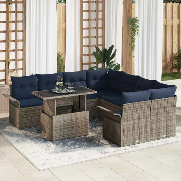Ensemble de canapé de jardin avec coussin 9 pcs Gris Poly rotin