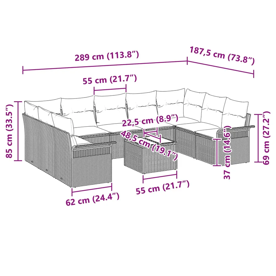 Ensemble de canapé de jardin avec coussin 10 pcs Gris polyrotin - 13