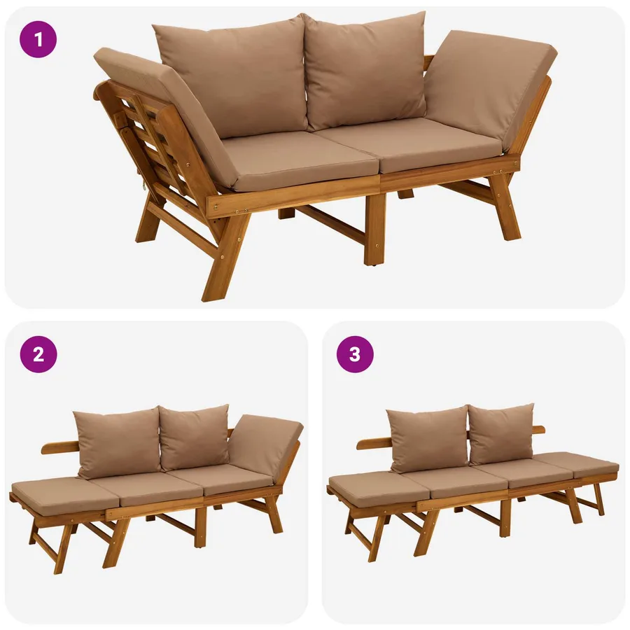 Banc de jardin 3 en 1 avec coussins Bois d'Acacia Massif - 11