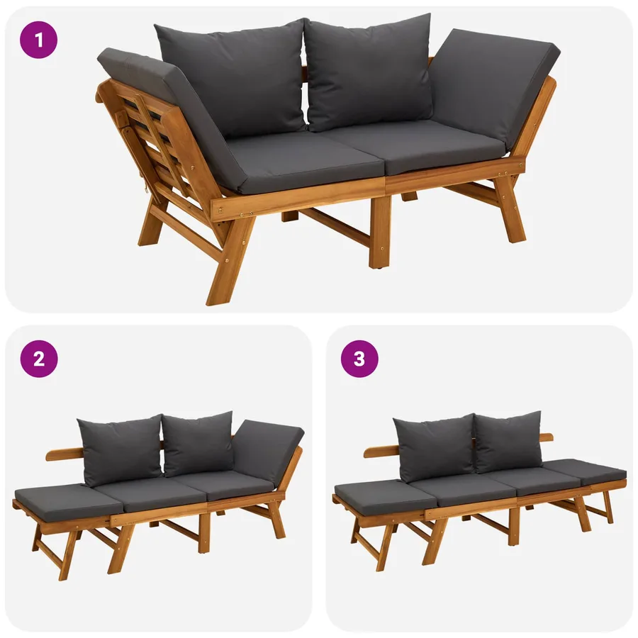 Banc de jardin 3 en 1 avec coussins Bois d'Acacia Massif - 11
