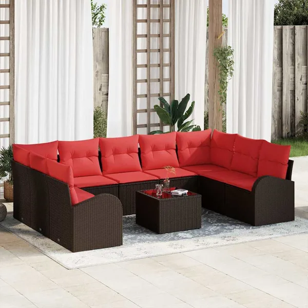 Ensemble de canapé de jardin 10 pcs Marron et rouge polyrotin