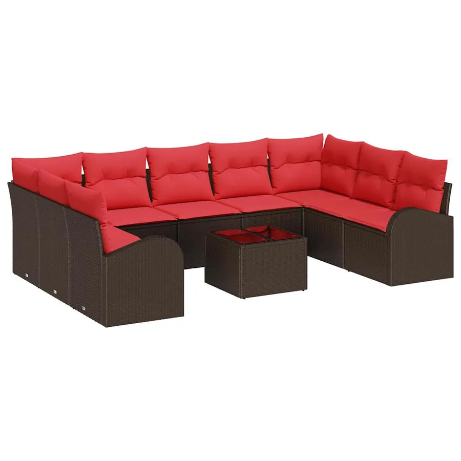 Ensemble de canapé de jardin 10 pcs Marron et rouge polyrotin - 2
