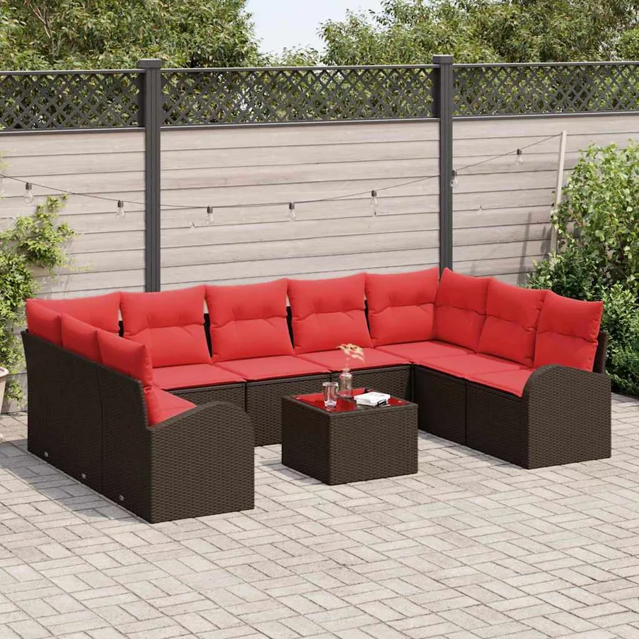 Ensemble de canapé de jardin 10 pcs Marron et rouge polyrotin - 3