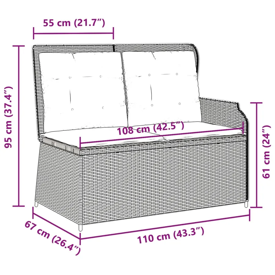 Banc inclinable de jardin avec coussins noir résine tressée - 9